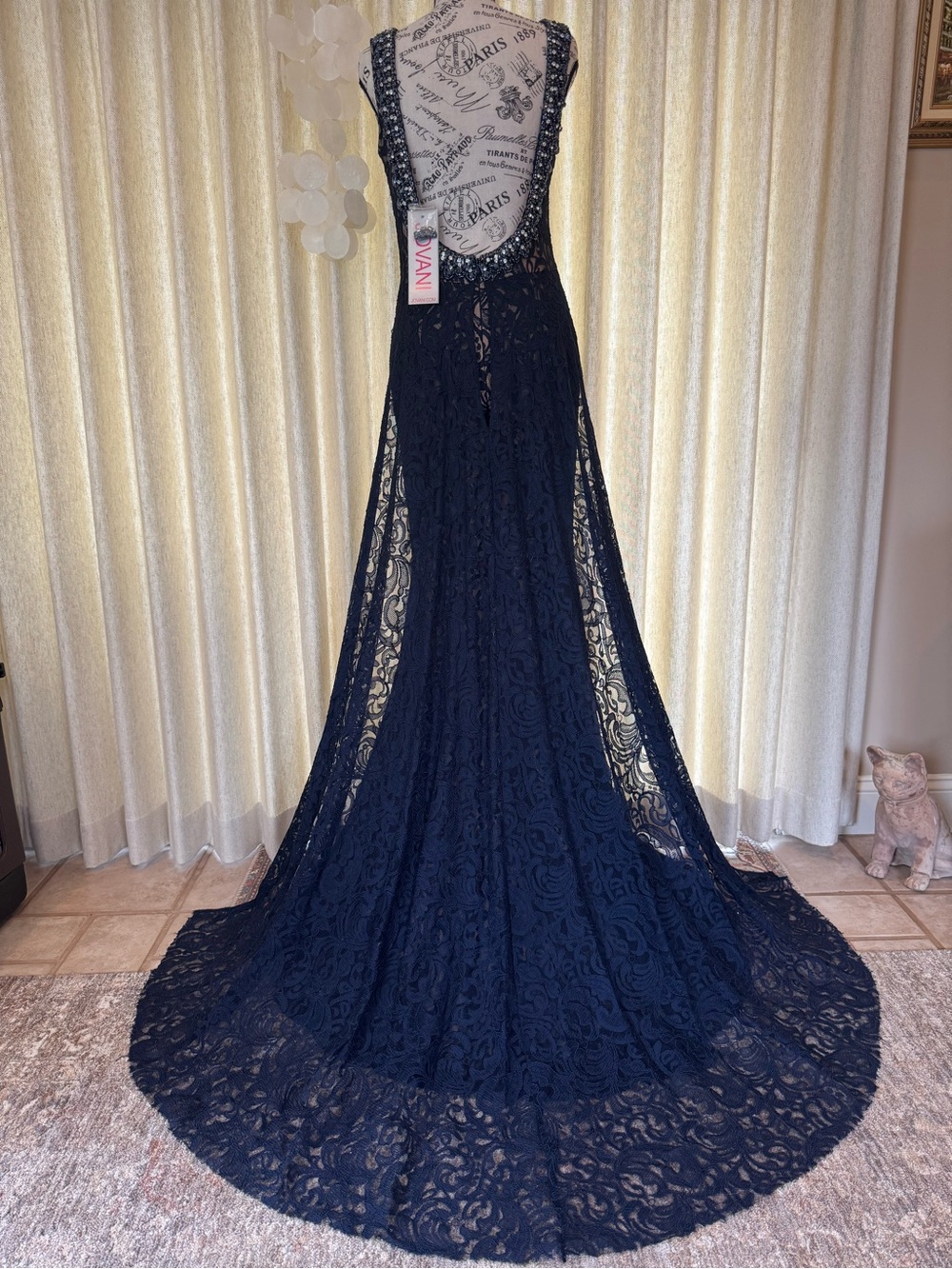 JOVANI Navy Lace Backless Evening Gown